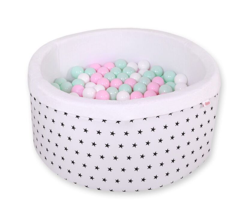 Suchy basen z piłeczkami 40 cm 200 piłek - biały minky i bawełna gwiazdki BOBONO